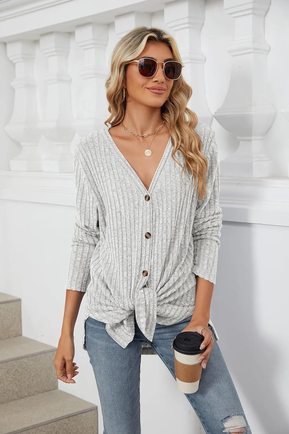 Women's Long Sleeve Knit Sweater Open Front Cardigan Button Loose Outerwear Tie Front Knot Tops