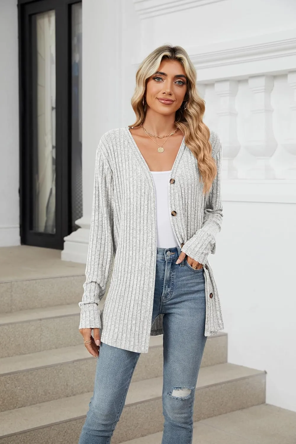Women's Long Sleeve Knit Sweater Open Front Cardigan Button Loose Outerwear Tie Front Knot Tops
