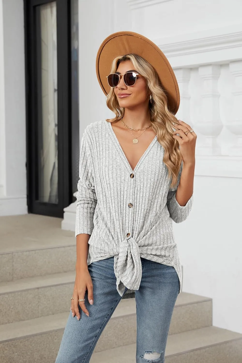 Women's Long Sleeve Knit Sweater Open Front Cardigan Button Loose Outerwear Tie Front Knot Tops
