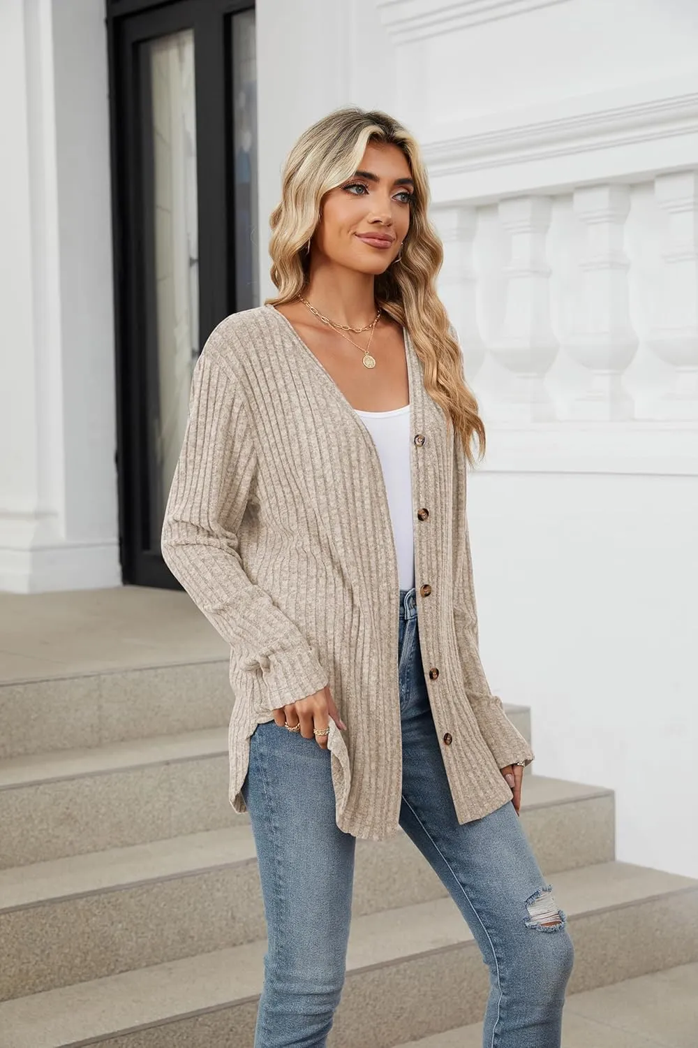 Women's Long Sleeve Knit Sweater Open Front Cardigan Button Loose Outerwear Tie Front Knot Tops