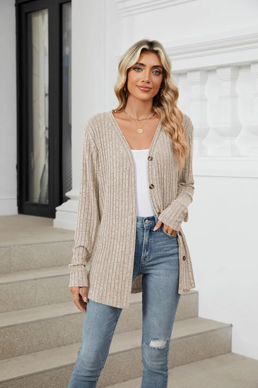 Women's Long Sleeve Knit Sweater Open Front Cardigan Button Loose Outerwear Tie Front Knot Tops