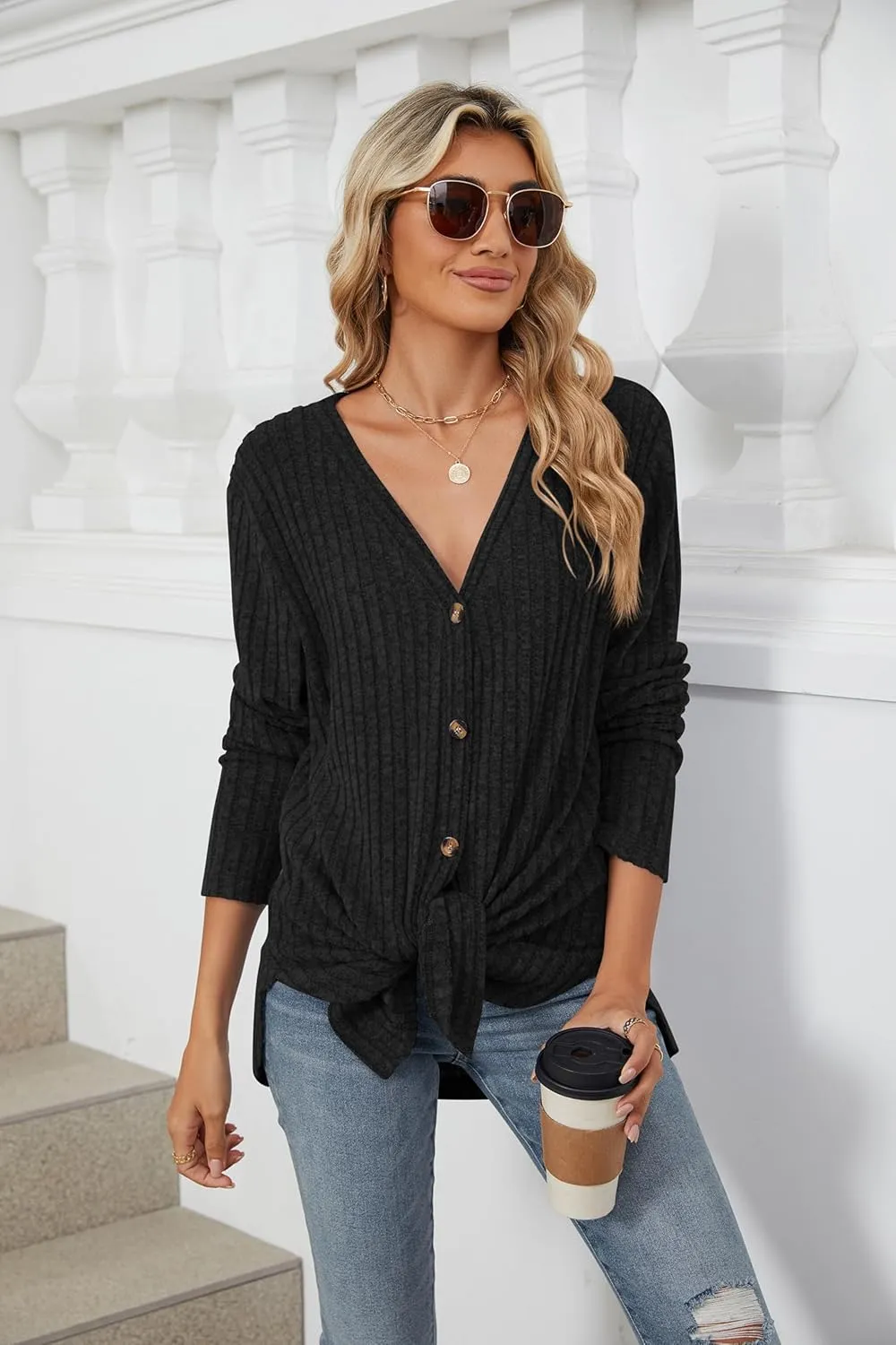 Women's Long Sleeve Knit Sweater Open Front Cardigan Button Loose Outerwear Tie Front Knot Tops