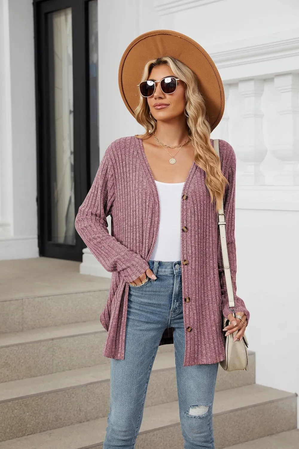 Women's Long Sleeve Knit Sweater Open Front Cardigan Button Loose Outerwear Tie Front Knot Tops