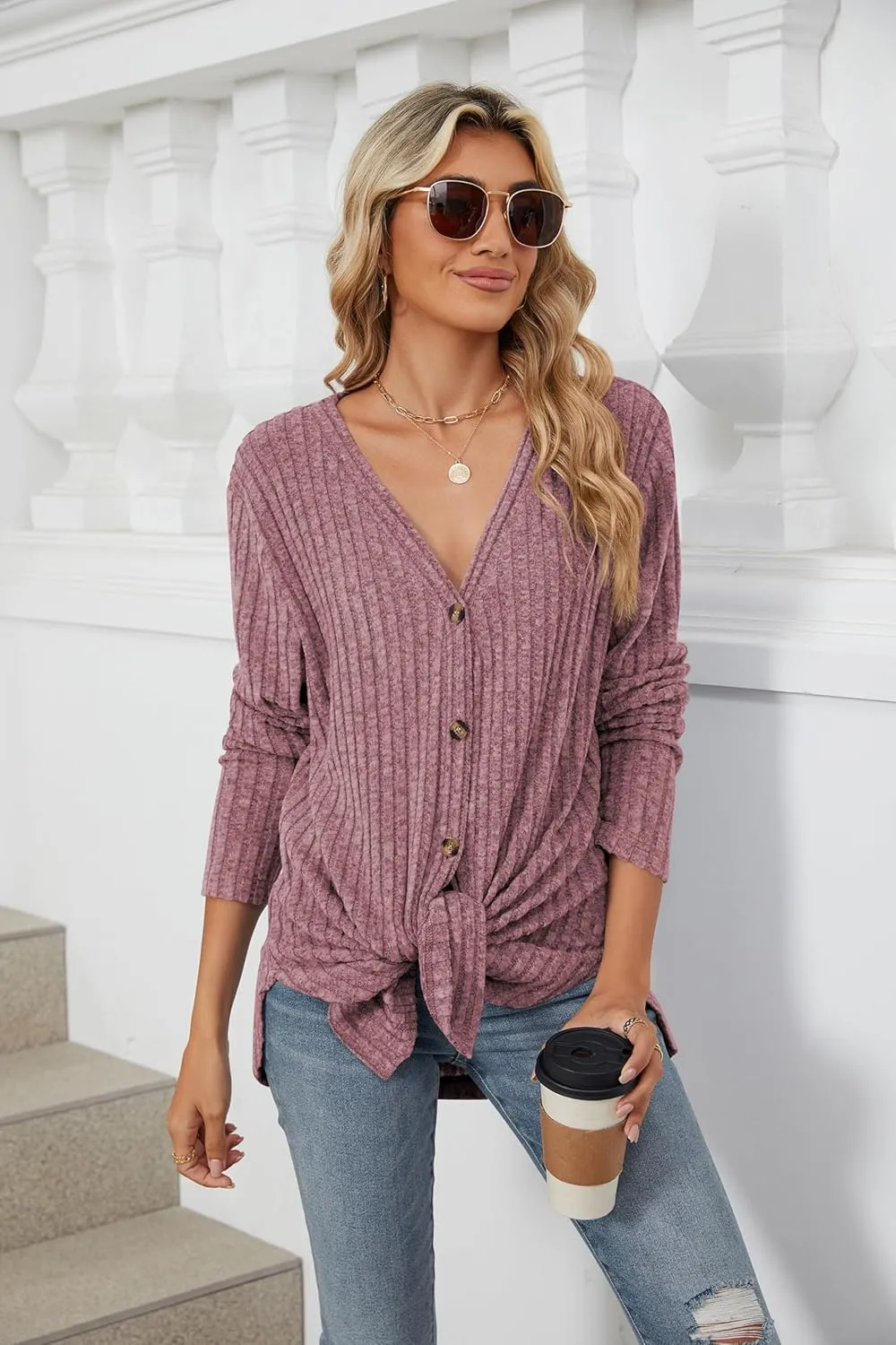 Women's Long Sleeve Knit Sweater Open Front Cardigan Button Loose Outerwear Tie Front Knot Tops