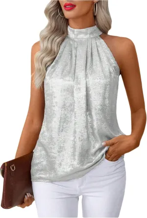 Women's Metallic Sleeveless Halter Tops Pleated Elegant Tank Top Casual Summer Work Shirts