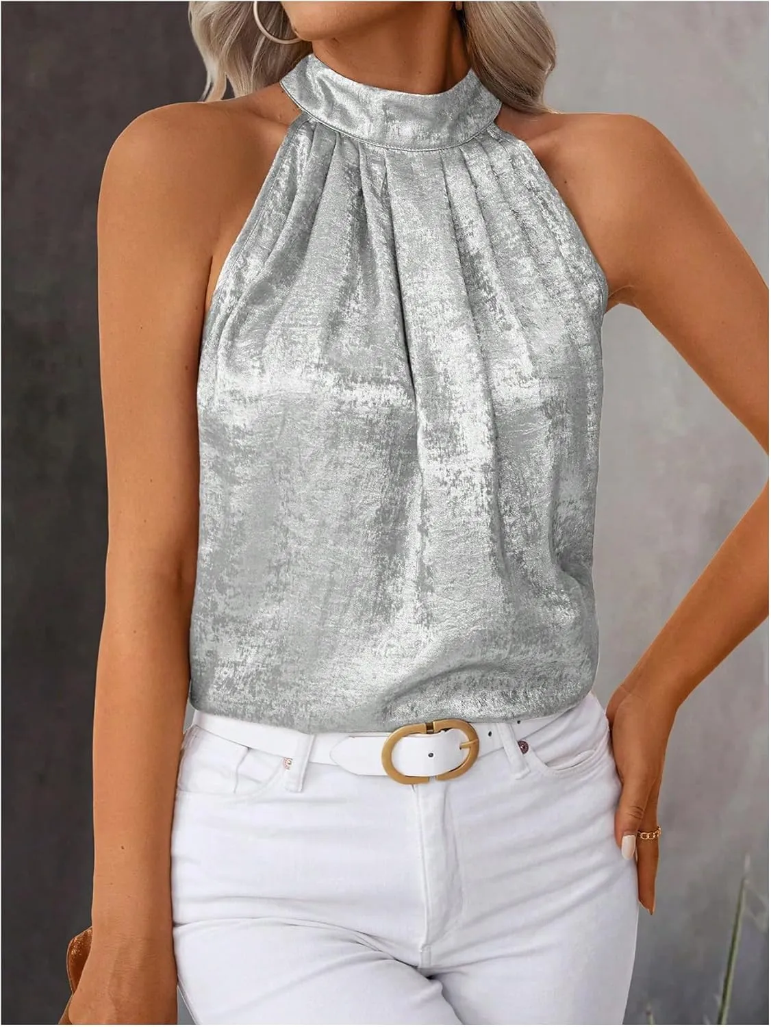 Women's Metallic Sleeveless Halter Tops Pleated Elegant Tank Top Casual Summer Work Shirts