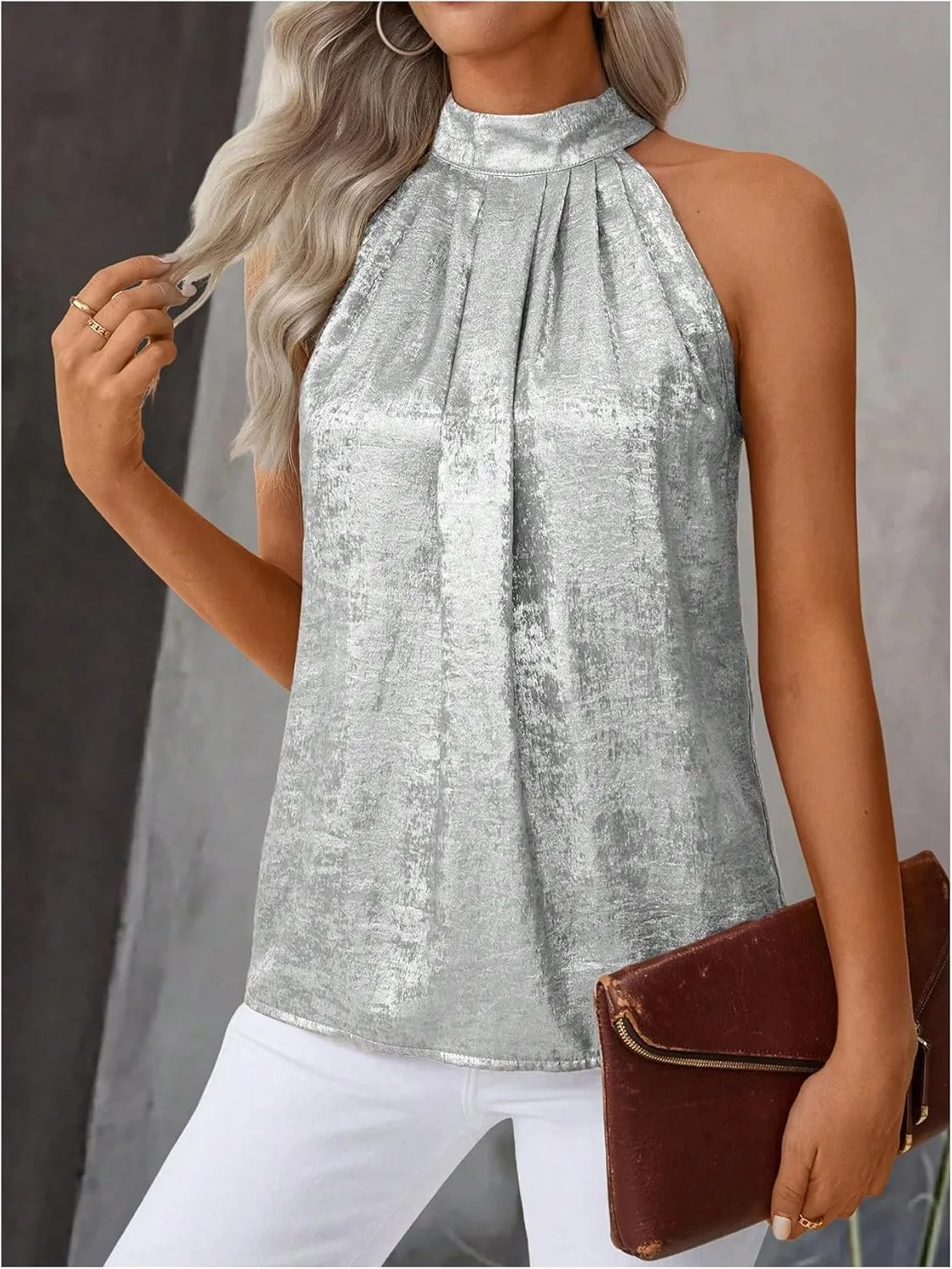 Women's Metallic Sleeveless Halter Tops Pleated Elegant Tank Top Casual Summer Work Shirts