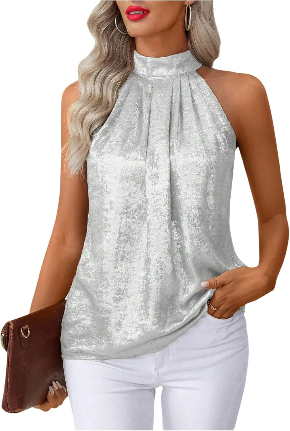 Women's Metallic Sleeveless Halter Tops Pleated Elegant Tank Top Casual Summer Work Shirts