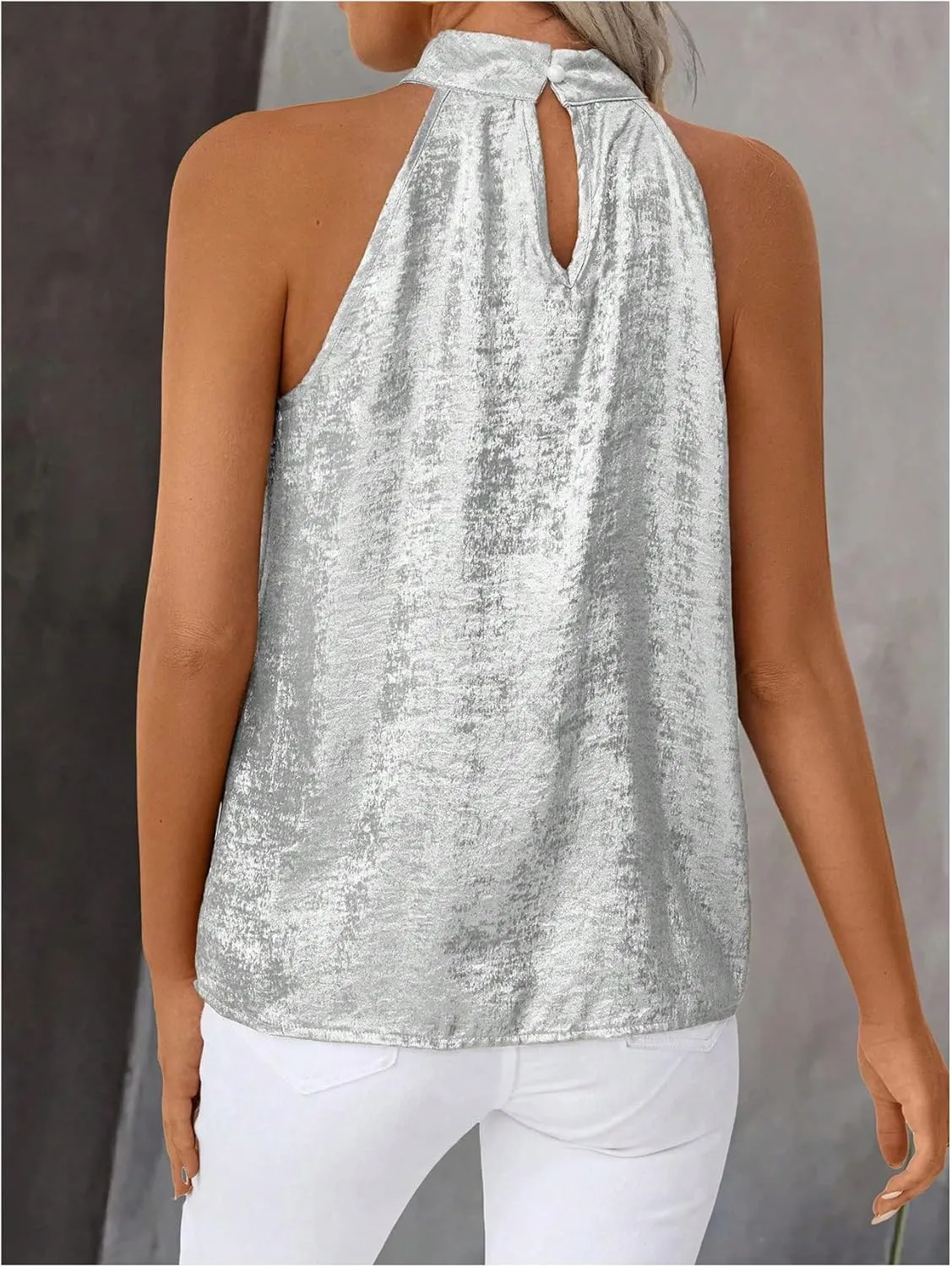 Women's Metallic Sleeveless Halter Tops Pleated Elegant Tank Top Casual Summer Work Shirts