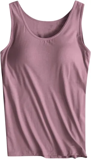 Women's Modal Tanks Tops with Built-in Bra Padded Yoga Camisole Crewneck Casual Pajama Top Sleeveless Summer Tees