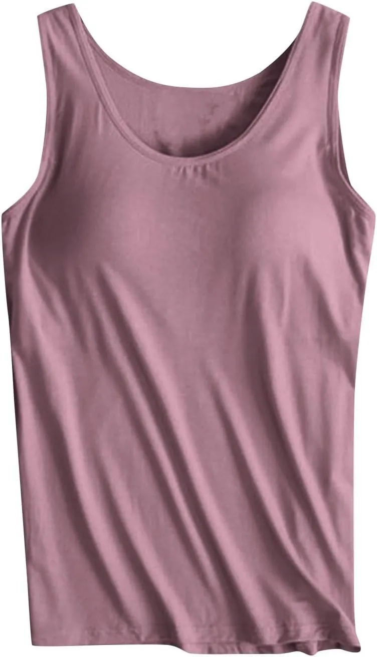 Women's Modal Tanks Tops with Built-in Bra Padded Yoga Camisole Crewneck Casual Pajama Top Sleeveless Summer Tees
