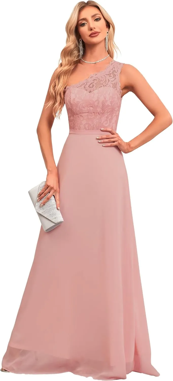 Women's One Shoulder Bridesmaid Dresses Lace Appliques Chiffon Long Formal Dress with Pockets HS028