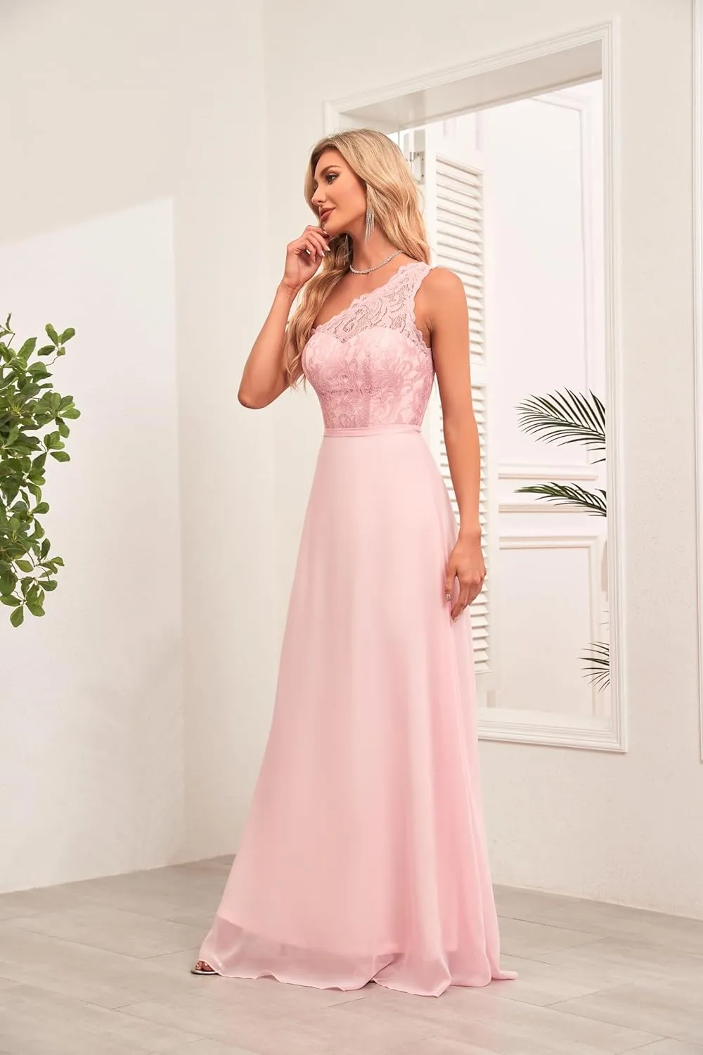 Women's One Shoulder Bridesmaid Dresses Lace Appliques Chiffon Long Formal Dress with Pockets HS028
