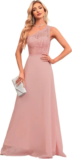 Women's One Shoulder Bridesmaid Dresses Lace Appliques Chiffon Long Formal Dress with Pockets HS028