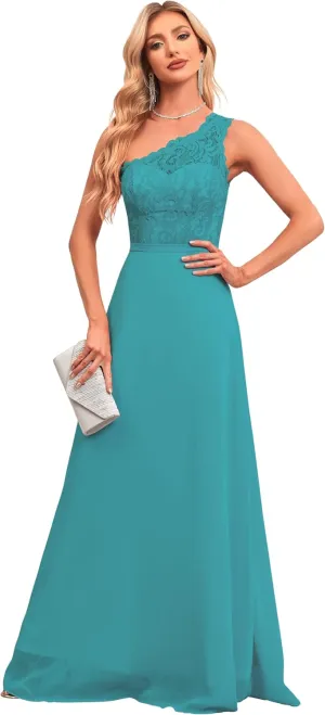 Women's One Shoulder Bridesmaid Dresses Lace Appliques Chiffon Long Formal Dress with Pockets HS028