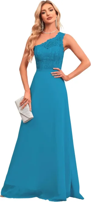 Women's One Shoulder Bridesmaid Dresses Lace Appliques Chiffon Long Formal Dress with Pockets HS028
