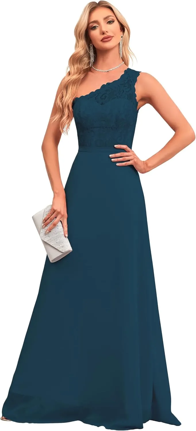 Women's One Shoulder Bridesmaid Dresses Lace Appliques Chiffon Long Formal Dress with Pockets HS028
