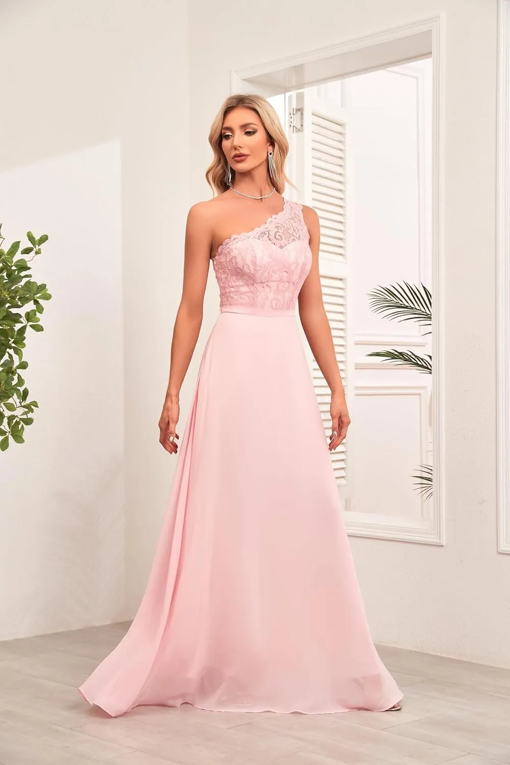 Women's One Shoulder Bridesmaid Dresses Lace Appliques Chiffon Long Formal Dress with Pockets HS028
