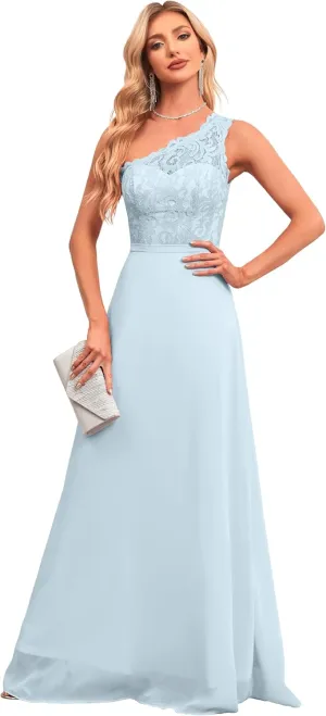 Women's One Shoulder Bridesmaid Dresses Lace Appliques Chiffon Long Formal Dress with Pockets HS028