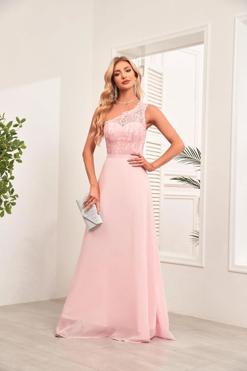 Women's One Shoulder Bridesmaid Dresses Lace Appliques Chiffon Long Formal Dress with Pockets HS028