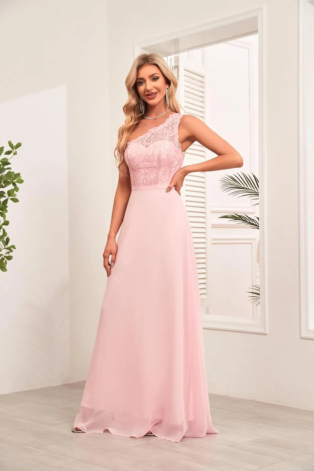 Women's One Shoulder Bridesmaid Dresses Lace Appliques Chiffon Long Formal Dress with Pockets HS028