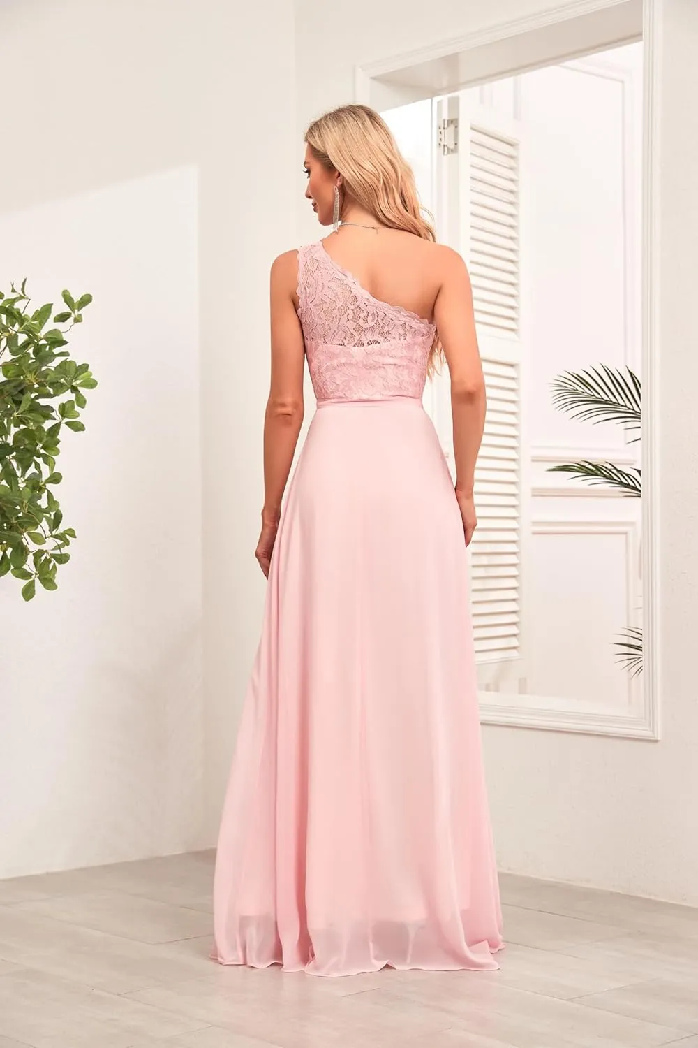 Women's One Shoulder Bridesmaid Dresses Lace Appliques Chiffon Long Formal Dress with Pockets HS028