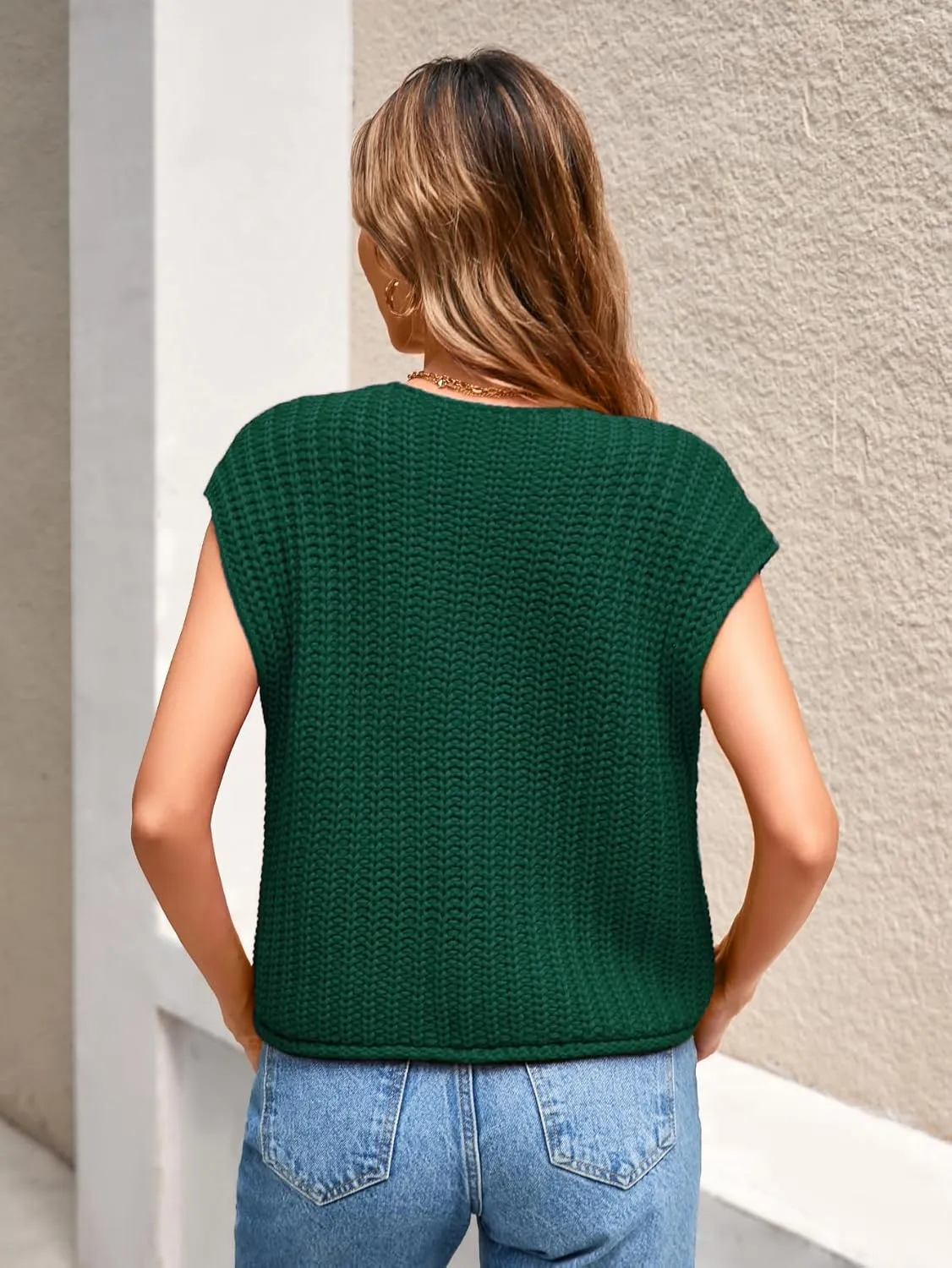 Women's Oversized Cute Cap Sleeve Sweater Vest Fall 2024 Lightweight Crochet Waffle Chunky Knit Button Cardigan Top