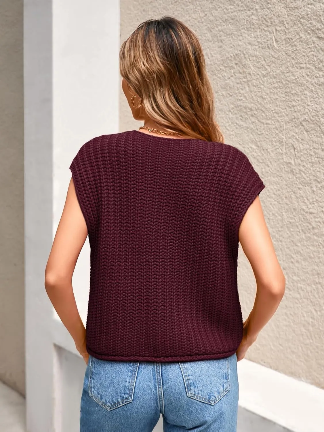 Women's Oversized Cute Cap Sleeve Sweater Vest Fall 2024 Lightweight Crochet Waffle Chunky Knit Button Cardigan Top
