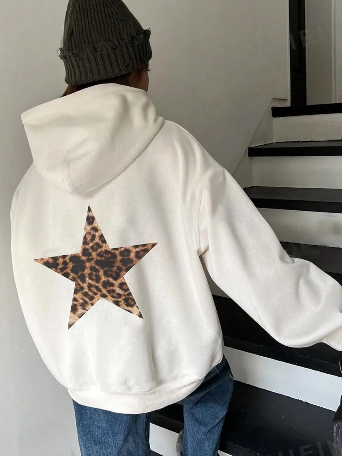 Womens Oversized Leopard Star Graphic Hoodies Long Sleeve Hoodie Pullover Hooded Sweatshirt Aesthetic Hoodie