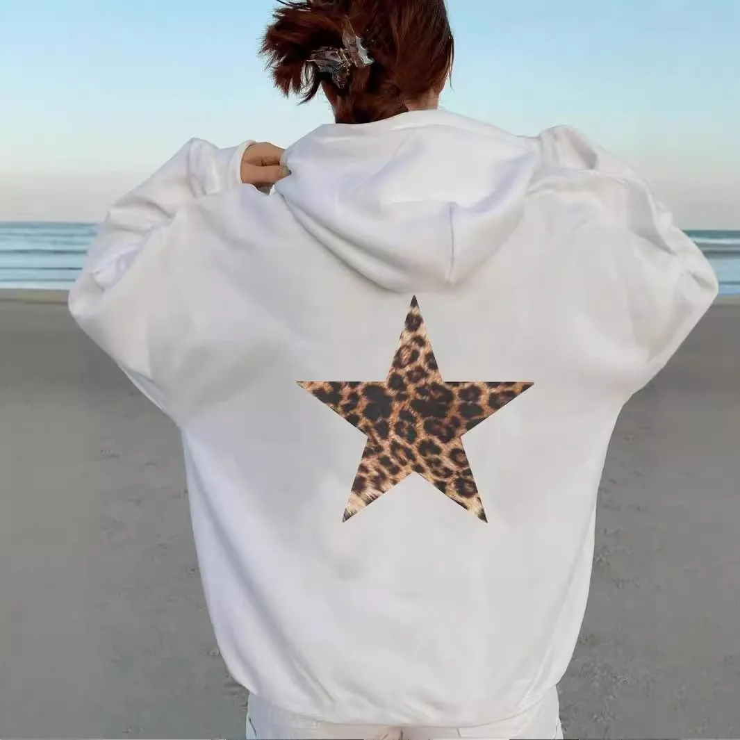 Womens Oversized Leopard Star Graphic Hoodies Long Sleeve Hoodie Pullover Hooded Sweatshirt Aesthetic Hoodie