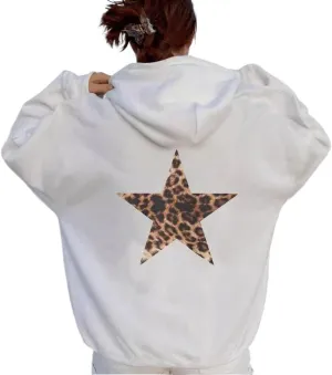 Womens Oversized Leopard Star Graphic Hoodies Long Sleeve Hoodie Pullover Hooded Sweatshirt Aesthetic Hoodie