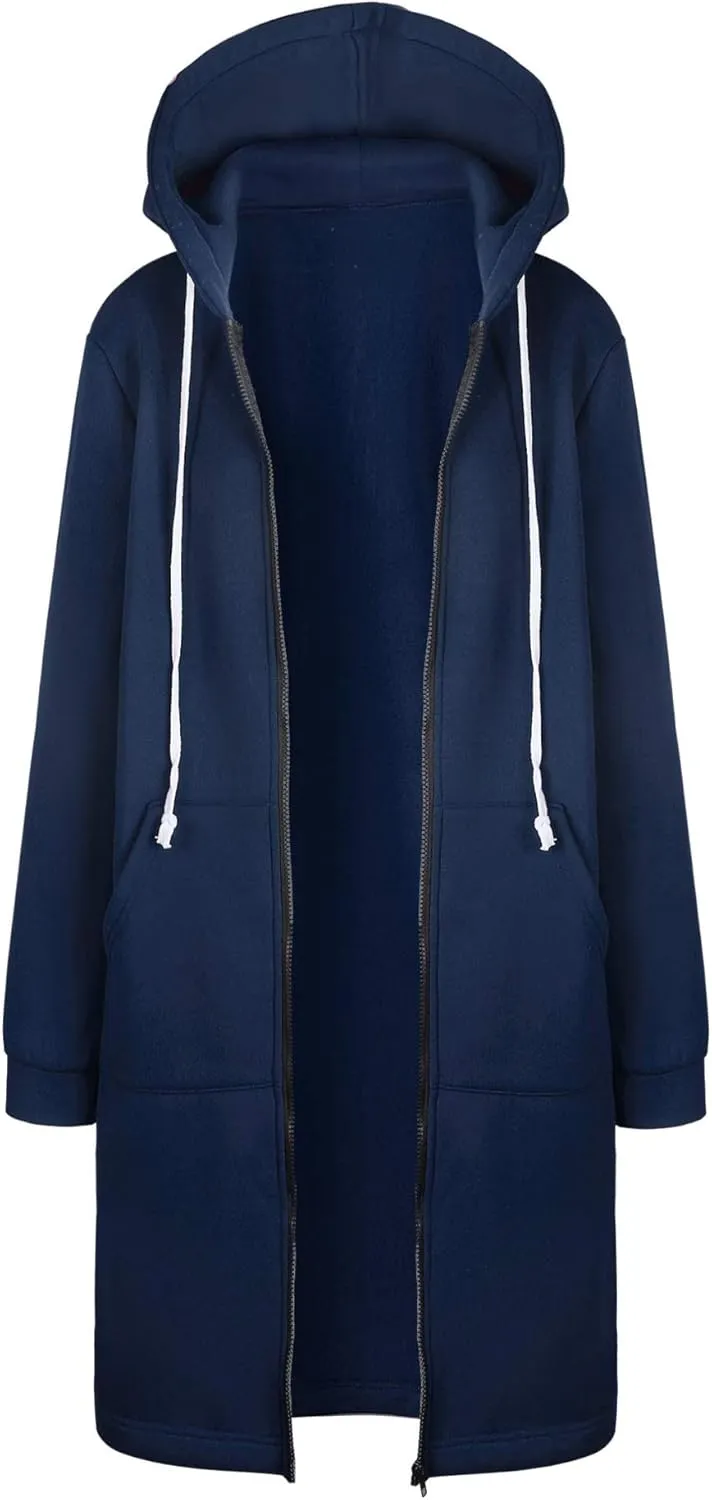 Women's Oversized Long Full Zip Hoodies Winter Warm Sweatshirts Fleece Jacket Fashion Long Sleeve Clothes Pockets