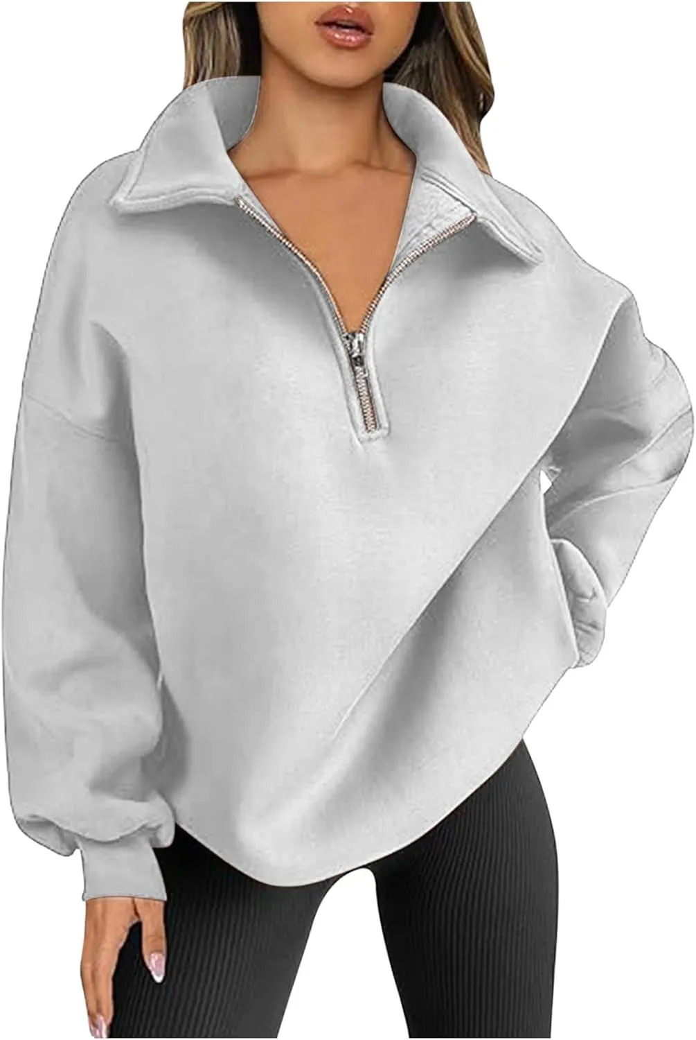 Women's Oversized Quarter Half Zip Hoodies Sweatshirt,Casual V Neck Long Sleeve Pullover Tunic Comfy Basic Tops