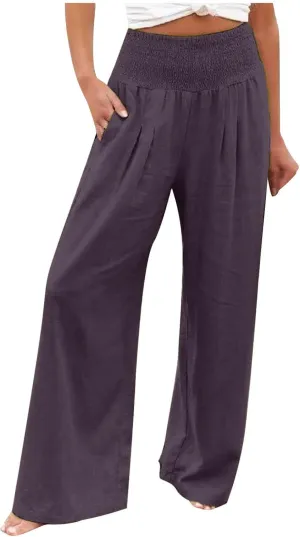 Womens Pants Elastic Waist Casual Summer High Waisted Linen Wide Leg Pant Loose Long Lounge Trousers with Pockets