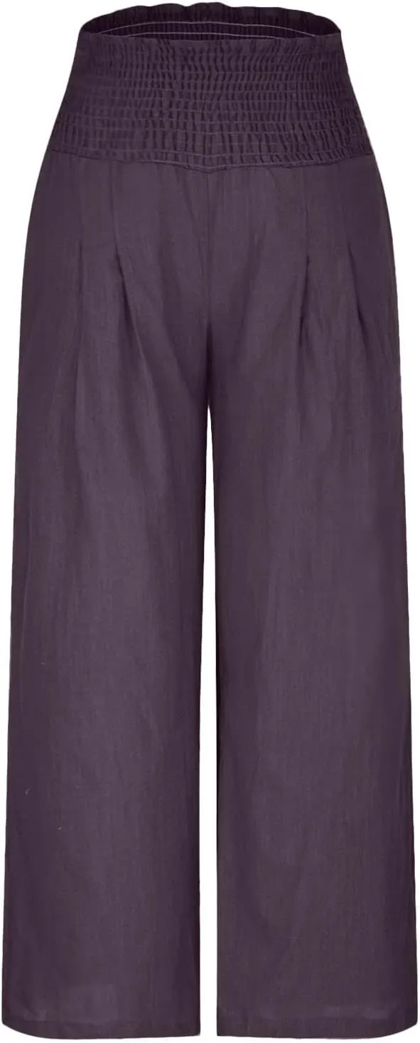 Womens Pants Elastic Waist Casual Summer High Waisted Linen Wide Leg Pant Loose Long Lounge Trousers with Pockets