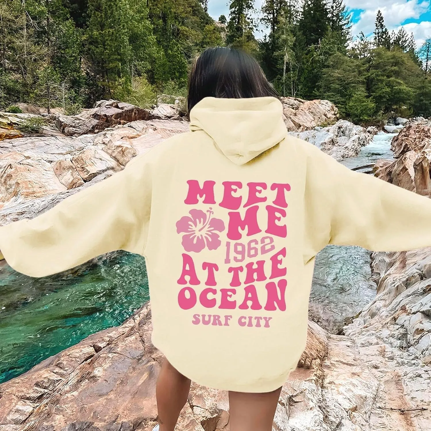 Women's Plain Basics Hoodies Oversized Brushed Letters Loose Fit Hooded Sweatshirts Long Sleeves Pockets