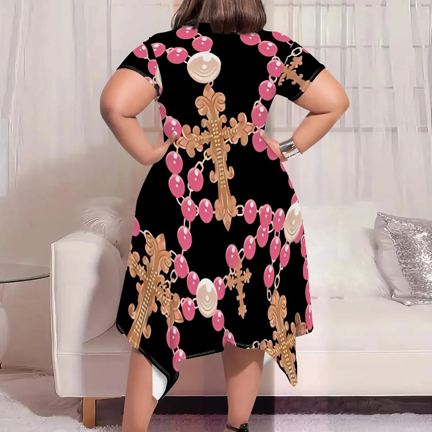 Womens Plus Size Irregular Hem Summer Dress Casual Fit Short Sleeve Empire Waist Loose T-Shirt A Line Midi Dress with Pockets