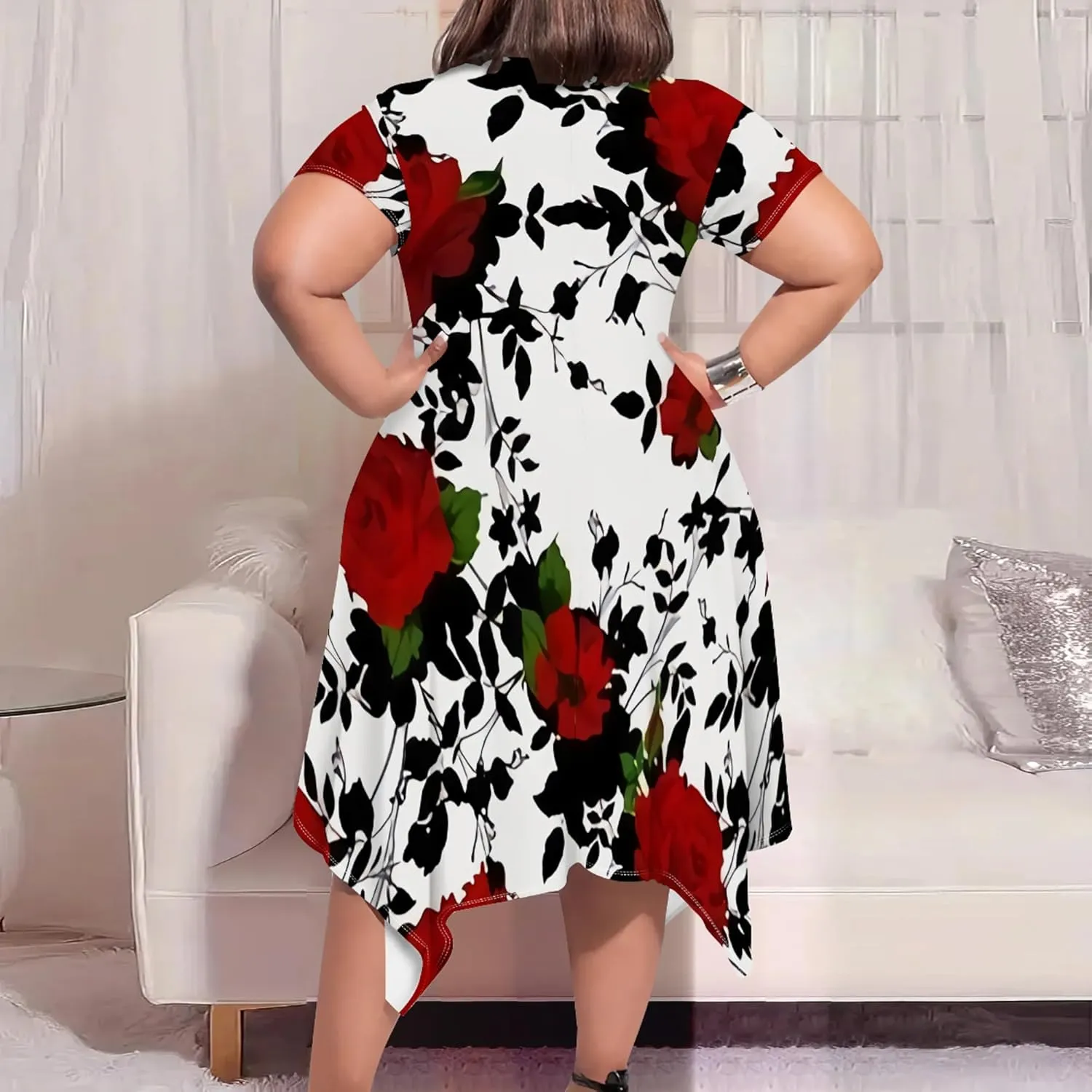 Womens Plus Size Irregular Hem Summer Dress Casual Fit Short Sleeve Empire Waist Loose T-Shirt A Line Midi Dress with Pockets