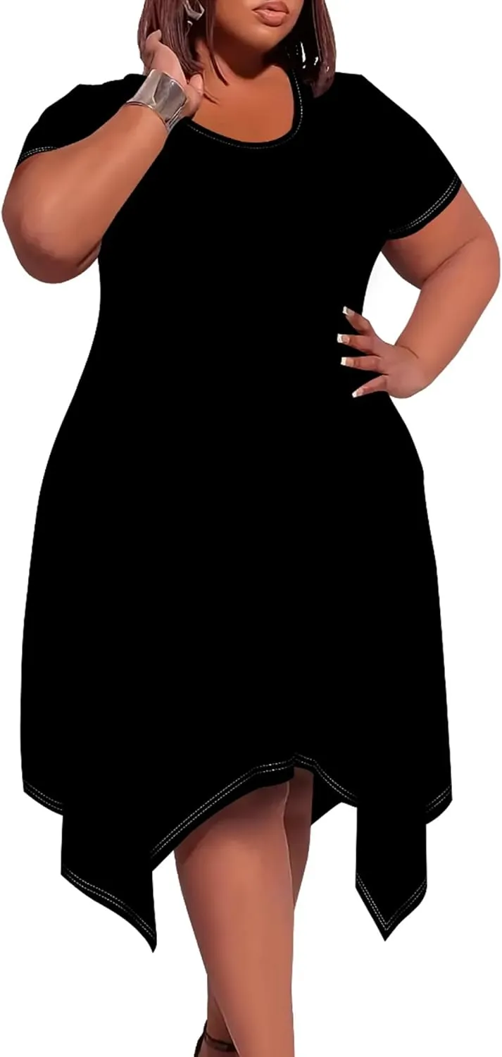 Womens Plus Size Irregular Hem Summer Dress Casual Fit Short Sleeve Empire Waist Loose T-Shirt A Line Midi Dress with Pockets