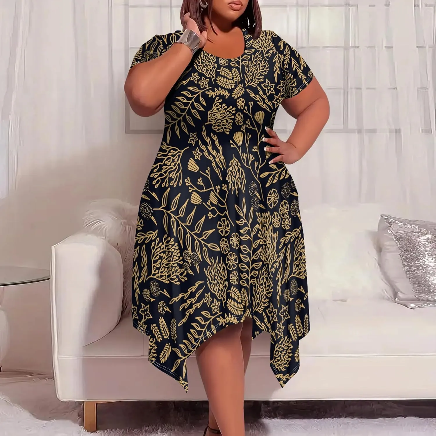 Womens Plus Size Irregular Hem Summer Dress Casual Fit Short Sleeve Empire Waist Loose T-Shirt A Line Midi Dress with Pockets