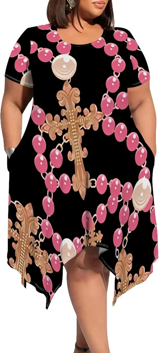 Womens Plus Size Irregular Hem Summer Dress Casual Fit Short Sleeve Empire Waist Loose T-Shirt A Line Midi Dress with Pockets