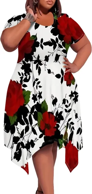 Womens Plus Size Irregular Hem Summer Dress Casual Fit Short Sleeve Empire Waist Loose T-Shirt A Line Midi Dress with Pockets