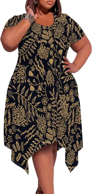 Womens Plus Size Irregular Hem Summer Dress Casual Fit Short Sleeve Empire Waist Loose T-Shirt A Line Midi Dress with Pockets