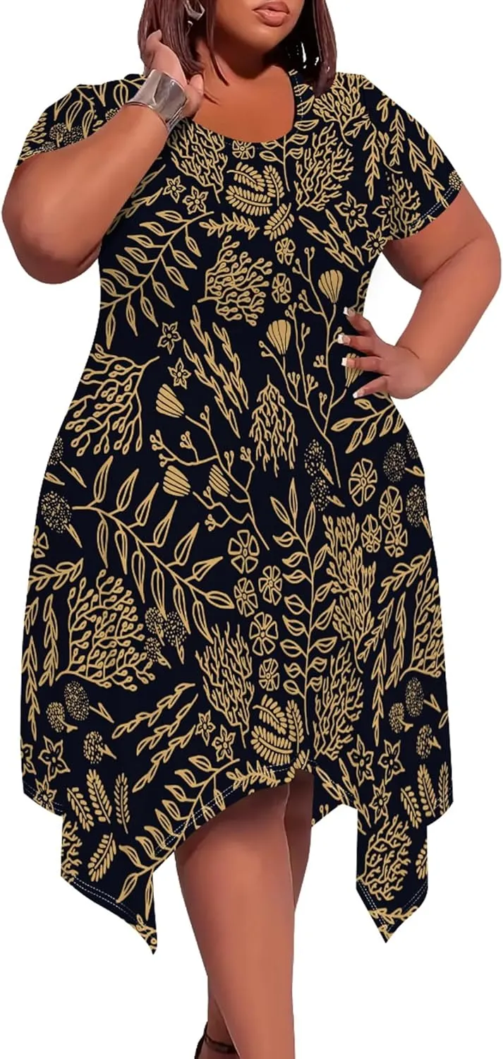 Womens Plus Size Irregular Hem Summer Dress Casual Fit Short Sleeve Empire Waist Loose T-Shirt A Line Midi Dress with Pockets