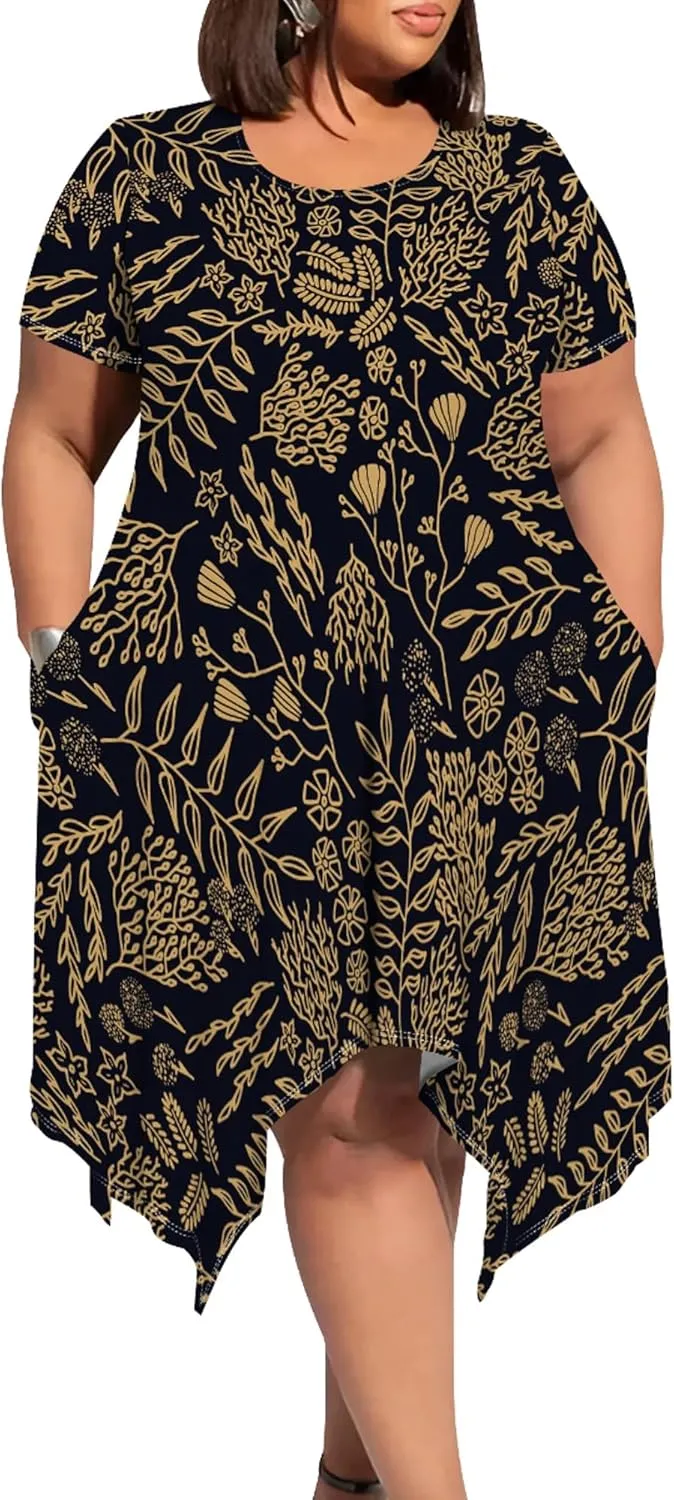 Womens Plus Size Irregular Hem Summer Dress Casual Fit Short Sleeve Empire Waist Loose T-Shirt A Line Midi Dress with Pockets