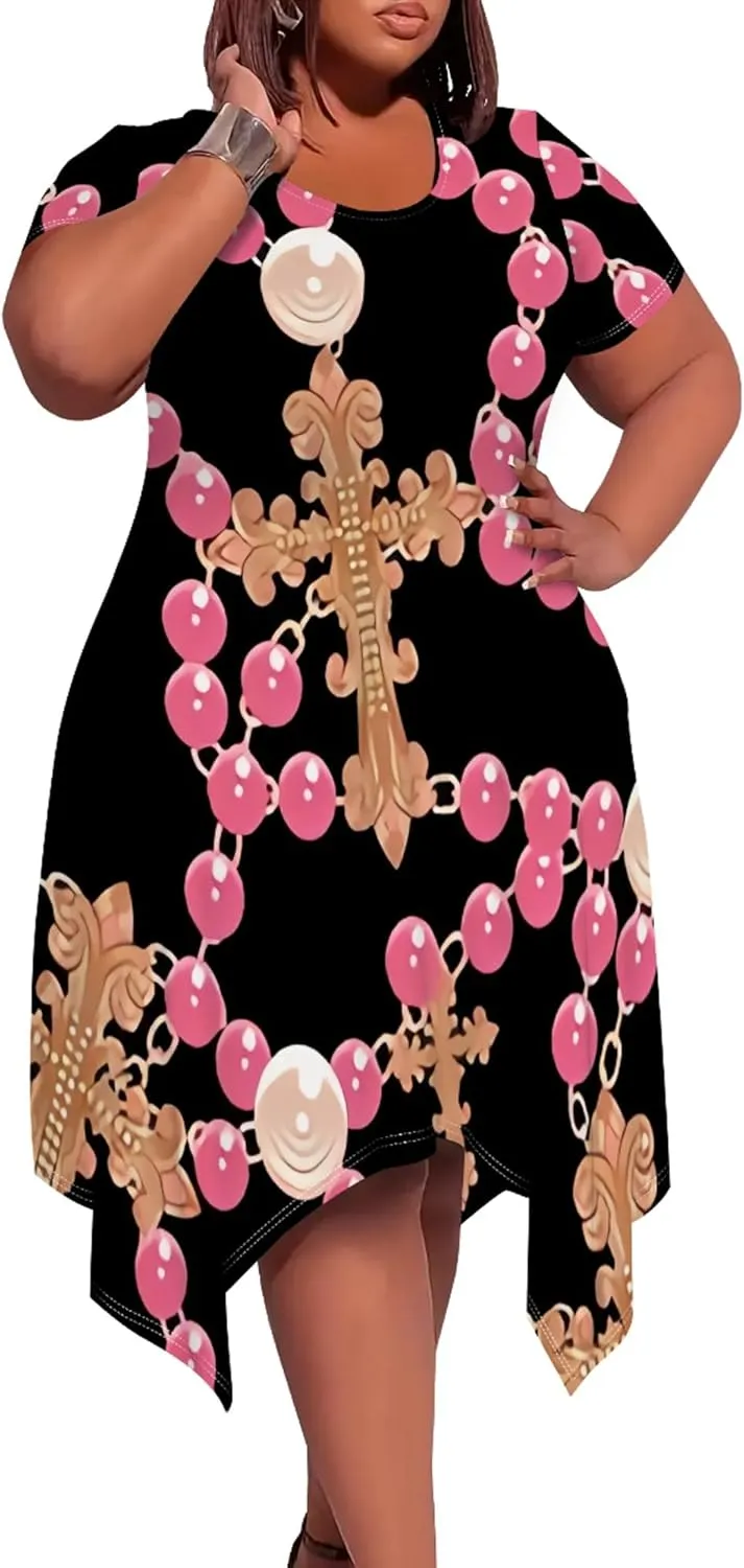Womens Plus Size Irregular Hem Summer Dress Casual Fit Short Sleeve Empire Waist Loose T-Shirt A Line Midi Dress with Pockets