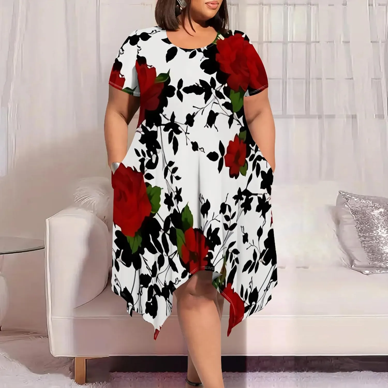 Womens Plus Size Irregular Hem Summer Dress Casual Fit Short Sleeve Empire Waist Loose T-Shirt A Line Midi Dress with Pockets