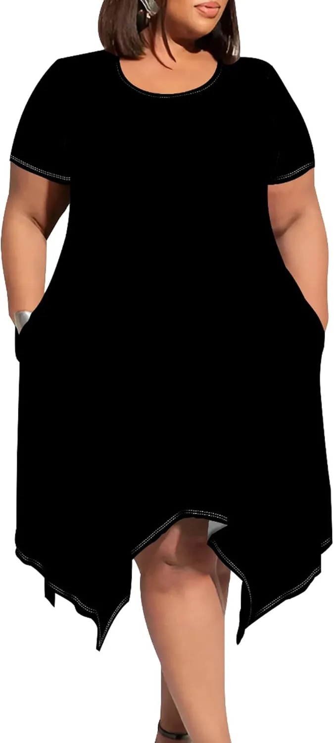 Womens Plus Size Irregular Hem Summer Dress Casual Fit Short Sleeve Empire Waist Loose T-Shirt A Line Midi Dress with Pockets