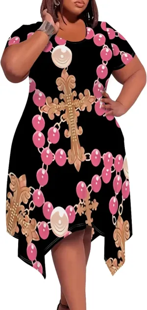Womens Plus Size Irregular Hem Summer Dress Casual Fit Short Sleeve Empire Waist Loose T-Shirt A Line Midi Dress with Pockets