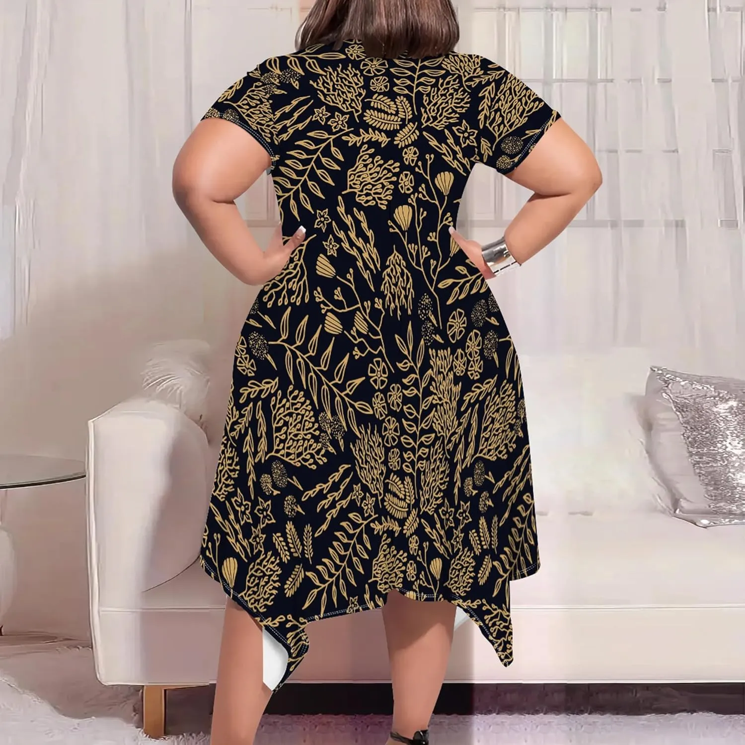 Womens Plus Size Irregular Hem Summer Dress Casual Fit Short Sleeve Empire Waist Loose T-Shirt A Line Midi Dress with Pockets